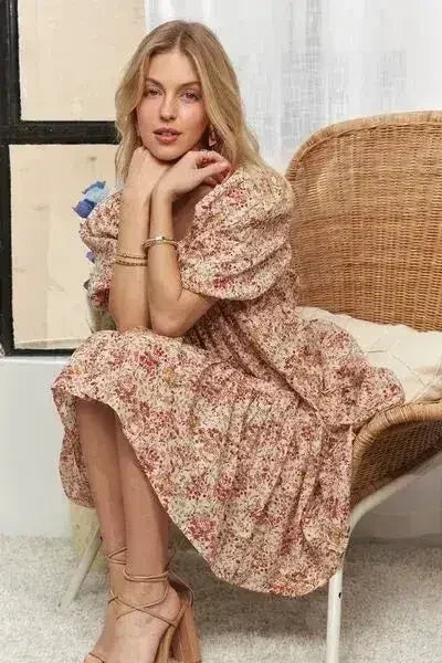 ADORA Floral Square Neck Puff Sleeve Dress - Femstylo