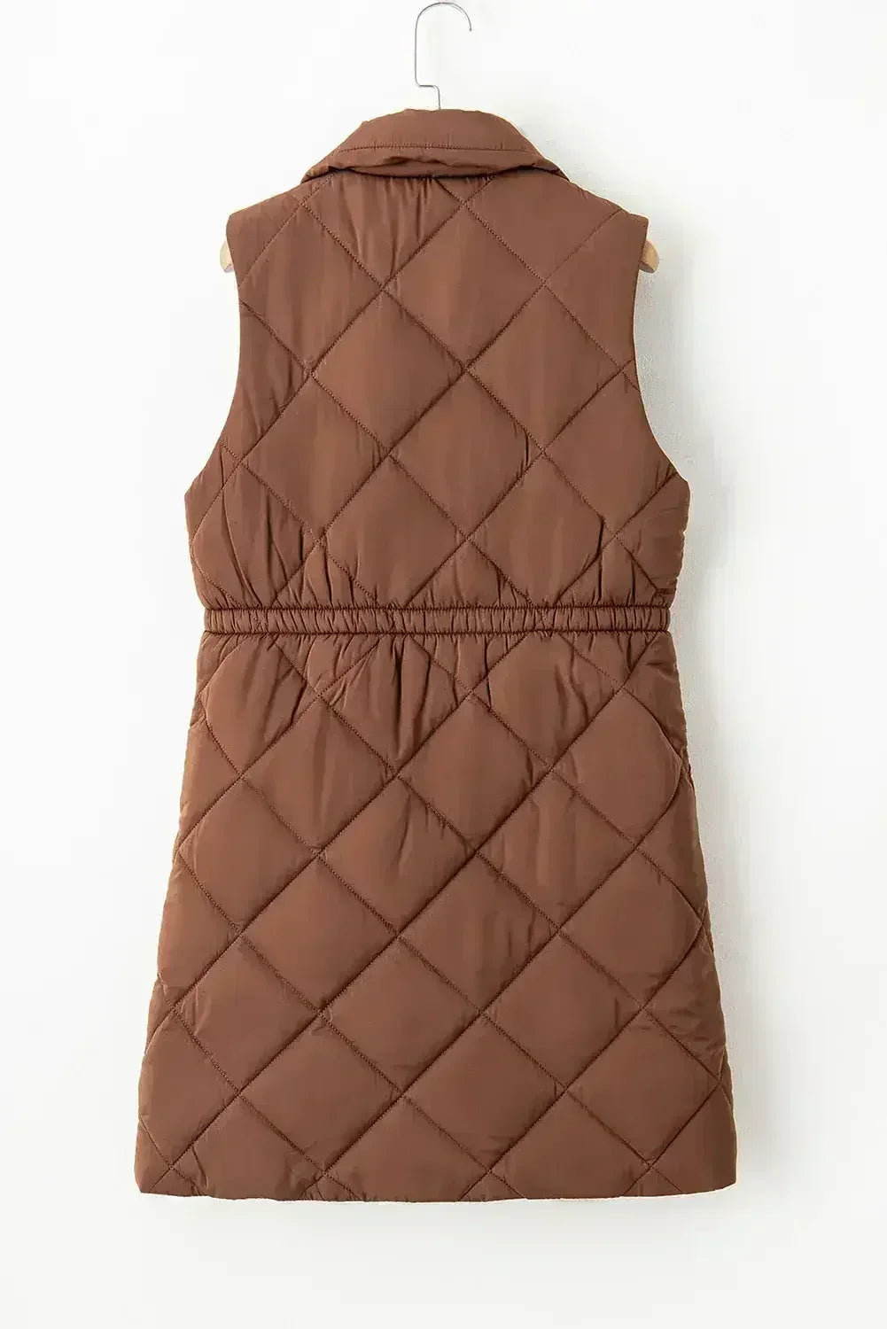 Coffee Puffer Quilted Stand Collar Pocketed Vest Coat - Femstylo