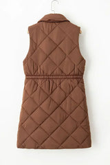 Coffee Puffer Quilted Stand Collar Pocketed Vest Coat - Femstylo