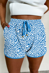Blue Leopard Elastic Waist Lace up Contrast Trim Casual Shorts