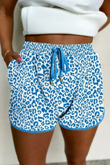 Blue Leopard Elastic Waist Lace up Contrast Trim Casual Shorts - Femstylo
