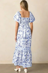 Sky Blue Floral Print Square Neck Bubble Sleeve High Waist Maxi Dress - Femstylo