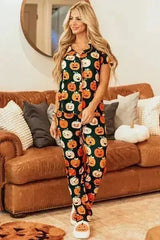 Pumpkin Printed Short Sleeve Top and Pants Lounge Set - Femstylo