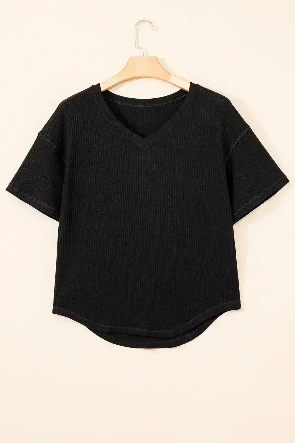 White Waffle Texture V Neck Drop Shoulder Loose Tee - Femstylo