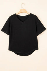 White Waffle Texture V Neck Drop Shoulder Loose Tee