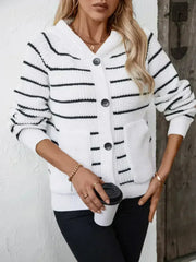 Striped Button Up Long Sleeve Hooded Cardigan - Femstylo
