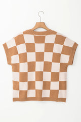 Light French Beige Checkered Knit Dolman Short Sleeve Sweater