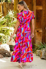Orange Abstract Printed High Waist Ruffle Tiered Long Dress - Femstylo