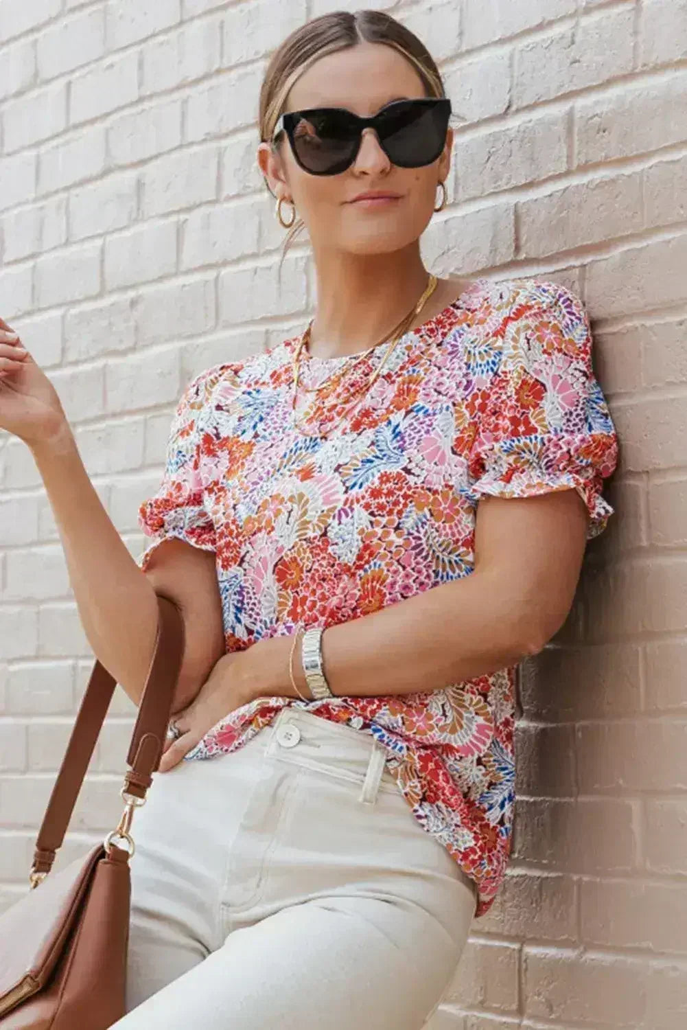 Floral Bubble Sleeve Blouse - Multicolor Print Top | Femstylo - Femstylo