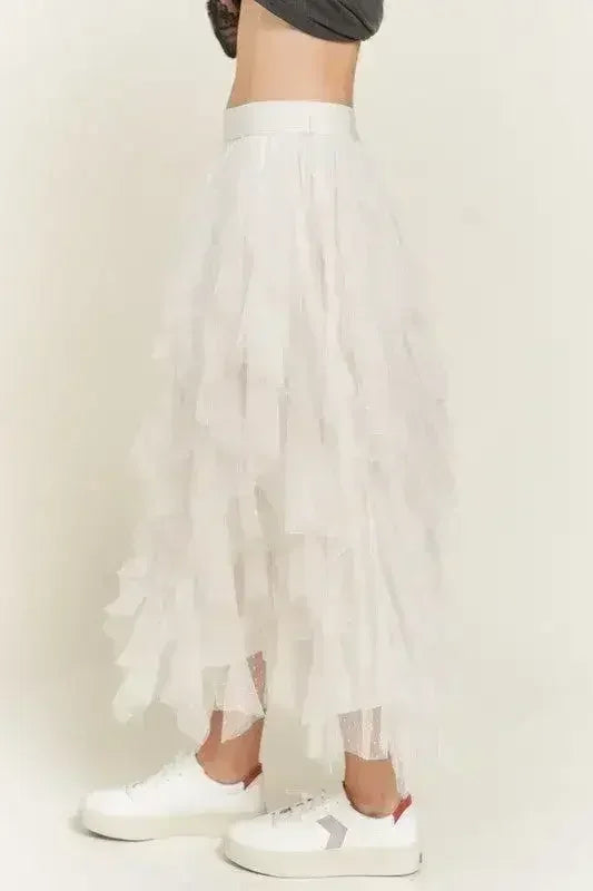 LAYERED POLKA DOT MESH LINED A-LINE MIDI SKIRT - Femstylo