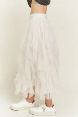 LAYERED POLKA DOT MESH LINED A-LINE MIDI SKIRT - Femstylo