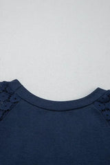 Navy Blue Contrast Lace Raglan Sleeve Pleated Mini Dress - Femstylo