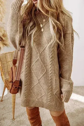 Parchment Cable Knit Drop Shoulder Loose Fit Sweater Dress - Femstylo