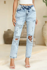 Sky Blue Light Wash Frayed Slim Fit High Waist Jeans - Femstylo