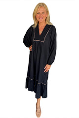 Black Collared V Neck Shirred Detail Contrast Leopard Trim Long Dress