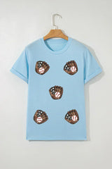 Light Blue Baseball Sequin Patched Casual T Shirt