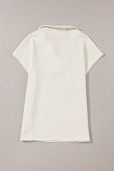 White Textured V Neck Collared Split Hem T Shirt - Femstylo