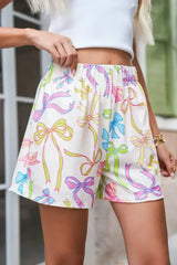 White Colorful Bow Print Pocket Shorts - Femstylo