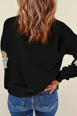 Black Basketball Patched Game Day Crew Neck Graphic Sweatshirt - Femstylo