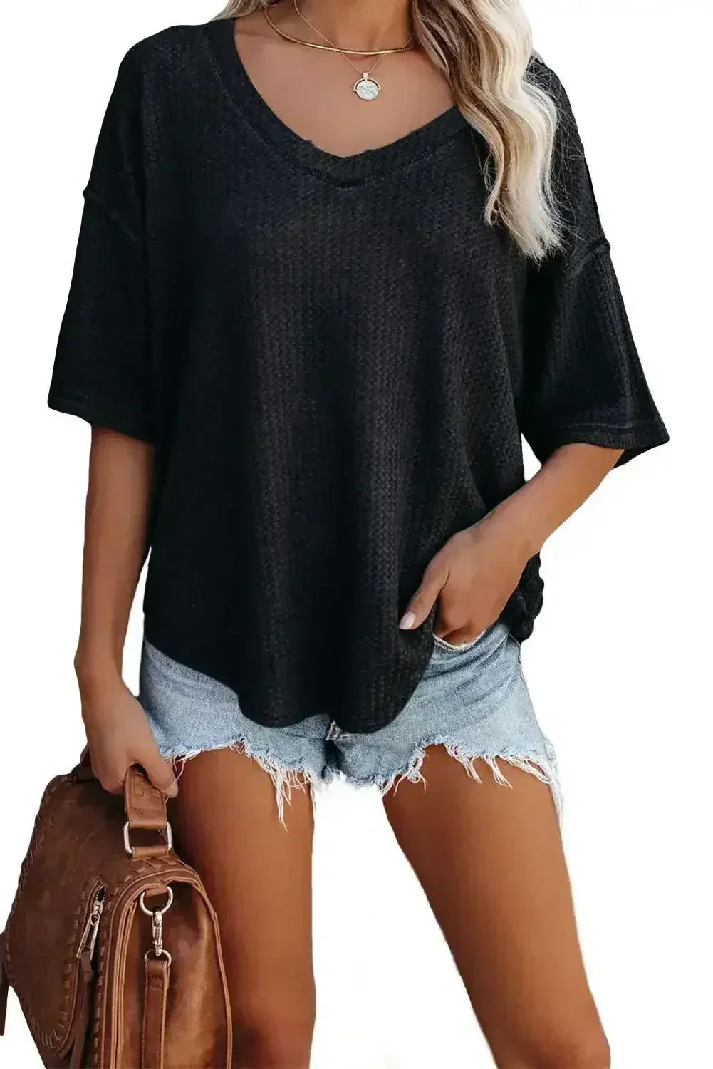 Blue Exposed Seam Drop Sleeve V Neck Waffle Textured Top - Femstylo