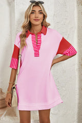 White Stripe Colorblock Sleeve Collared Pop of Color Neckline Dress