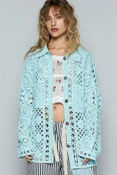 POL Crochet Button Up Cardigan with Chest Patch Pockets - Femstylo