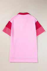 White Stripe Colorblock Sleeve Collared Pop of Color Neckline Dress