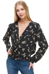 Long Sleeve Surplice Floral Top - Femstylo