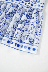 Sky Blue Floral Print Square Neck Bubble Sleeve High Waist Maxi Dress - Femstylo