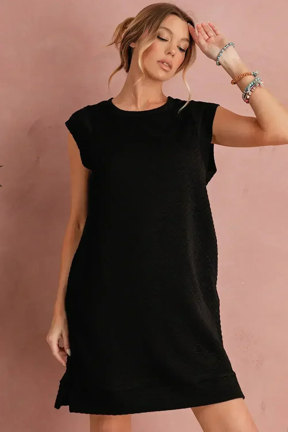 Black Textured Cap Sleeve T Shirt Shift Mini Dress - Femstylo