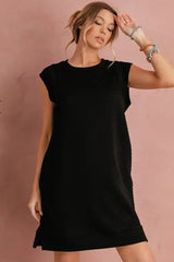 Black Textured Cap Sleeve T Shirt Shift Mini Dress - Femstylo