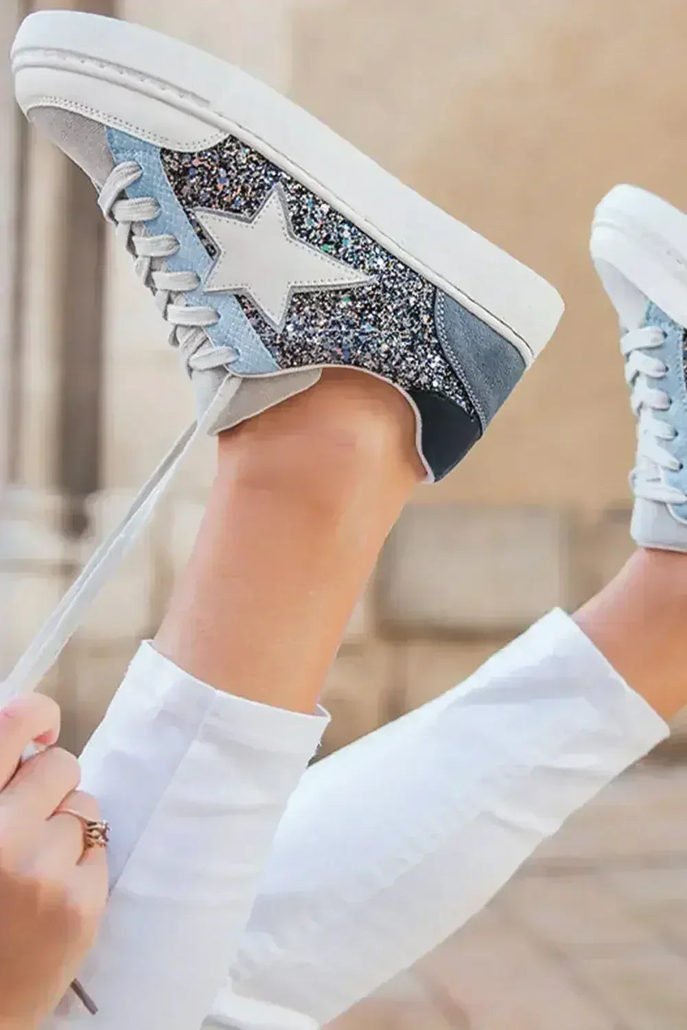 Silver Sequin Star Patch Lace Up Shoes - Femstylo