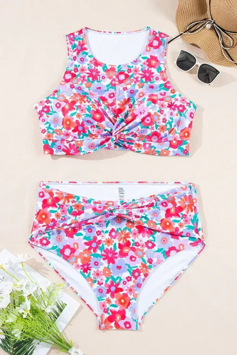 Rose Plus Size Floral Print Twisted High Waist Bikini Set - Femstylo