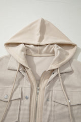 Beige Solid Color Textured Patchwork Flap Pocket Shacket