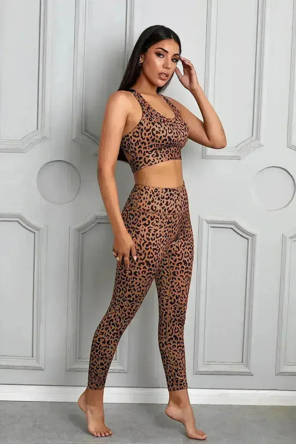 Women Brown Cheetah Print Sport Bra Pants Set - Femstylo