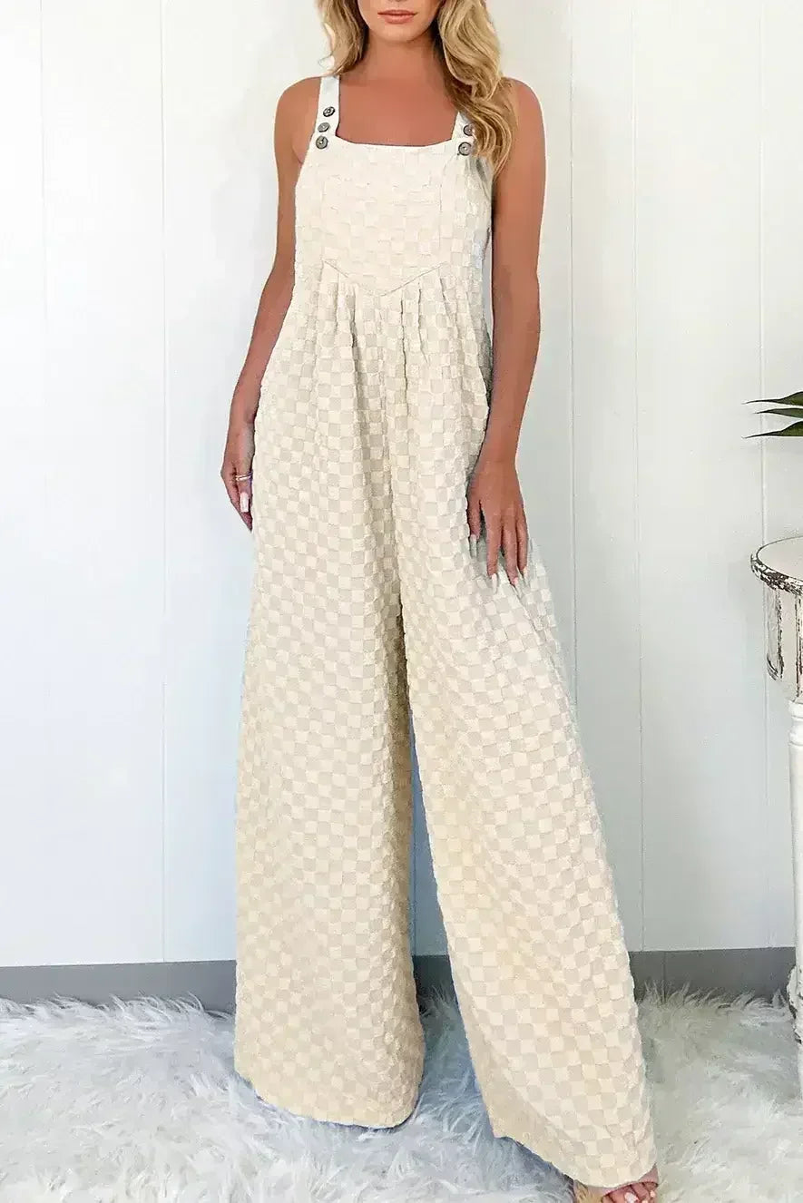 Beige Checkered Pocket High Waist Wide Leg Overall - Femstylo