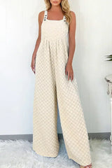 Beige Checkered Pocket High Waist Wide Leg Overall - Femstylo