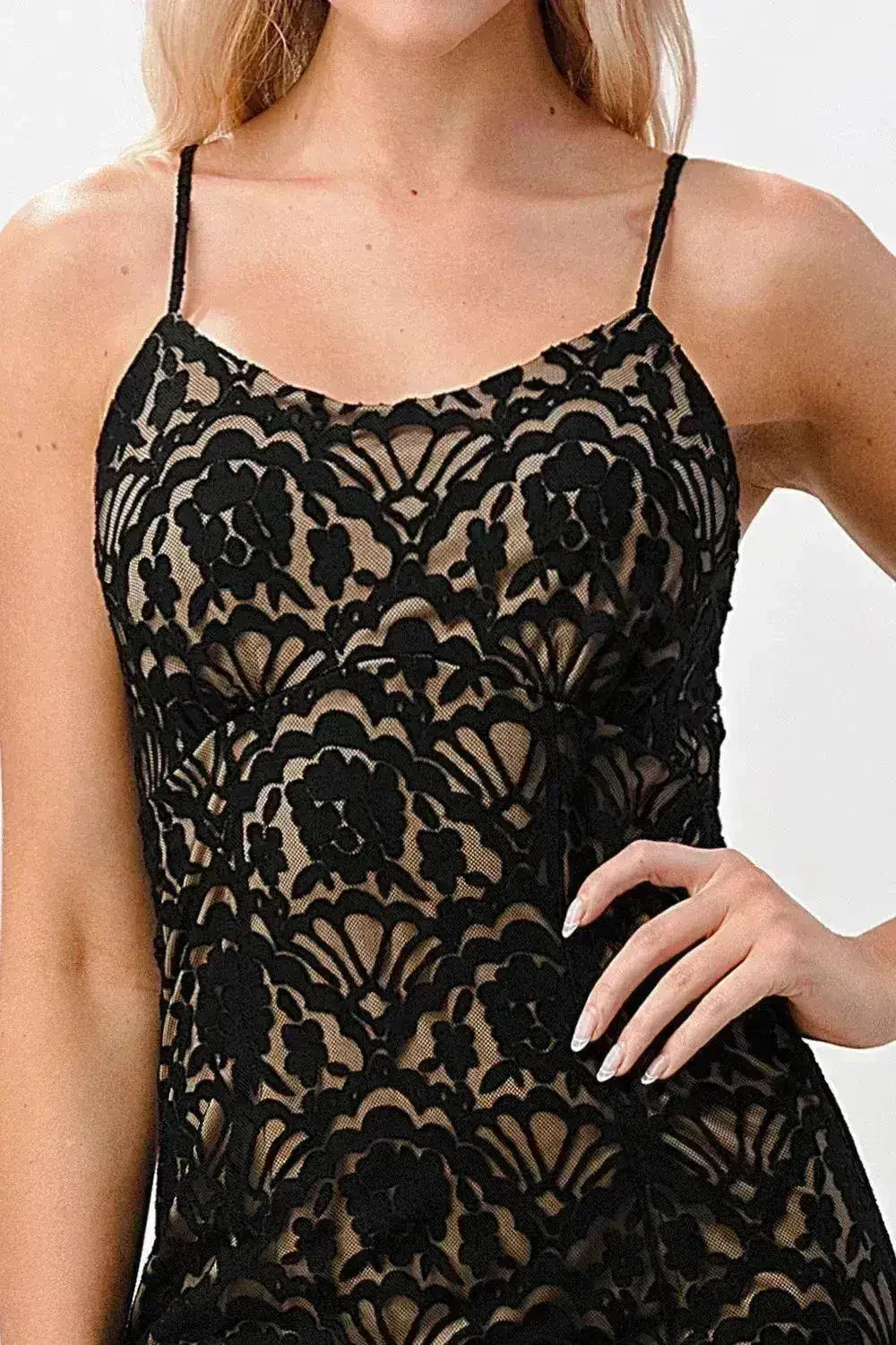 Elegant Black Lace Maxi Dress with Side Slit - Femstylo