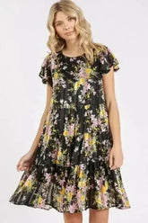 Mittoshop Flower Print Round Neck Flutter Sleeve Tiered Dress - Femstylo