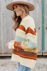 Crew Neck Drop-shoulder Striped Color Block Sweater - Femstylo