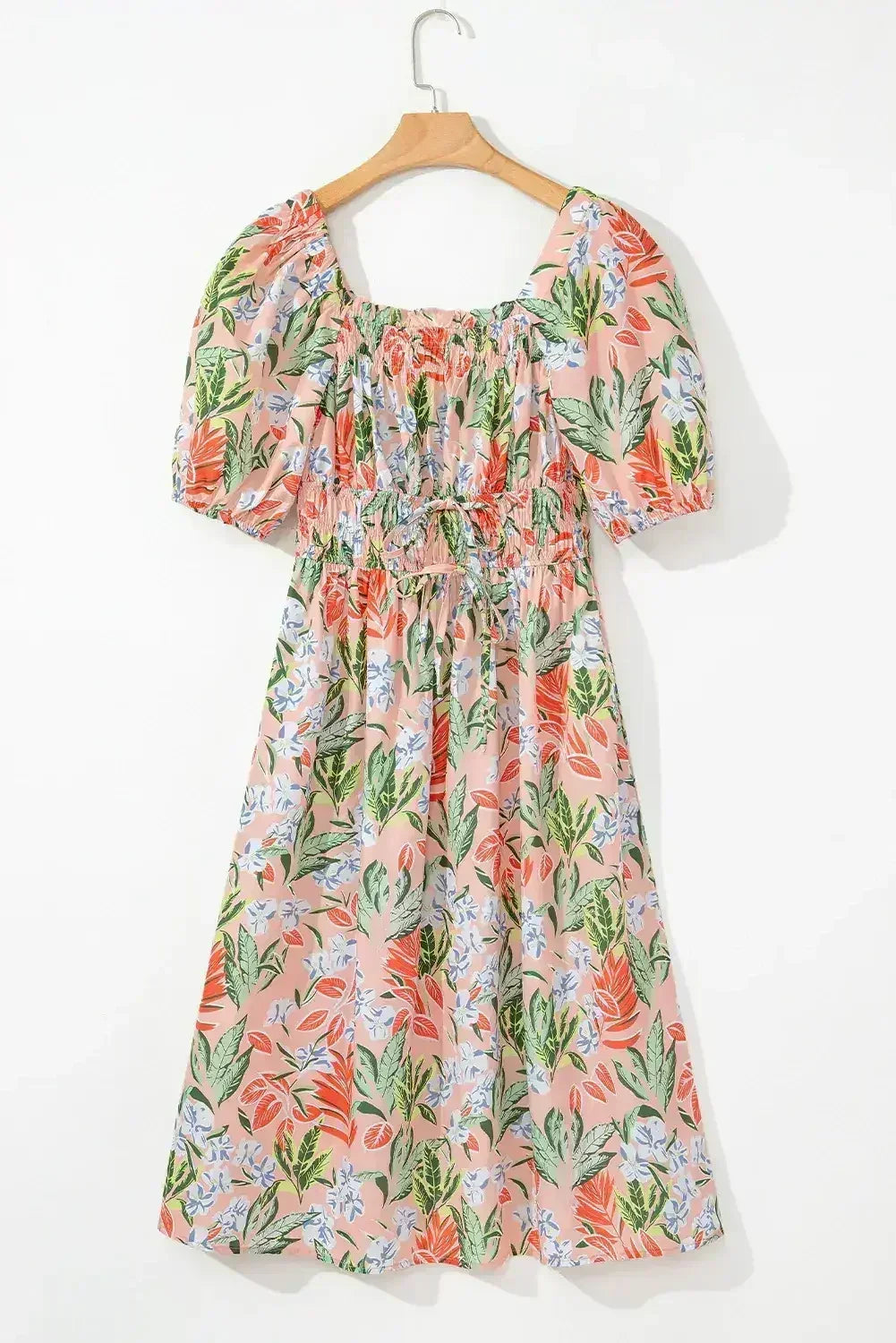 Apricot Pink Floral Knot Front Smocked Bubble Sleeve Dress - Femstylo