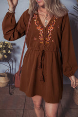 Burgundy Floral Embroidered Tassel Tie Waist Long Sleeve Mini Dress