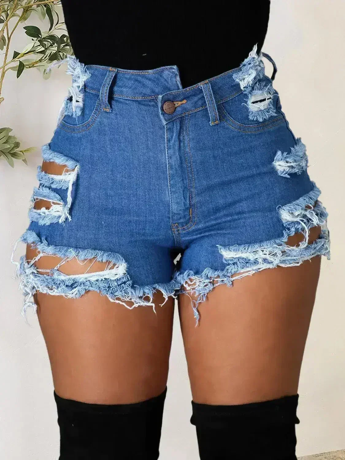 Distressed Raw Hem Denim Shorts with Pockets - Femstylo