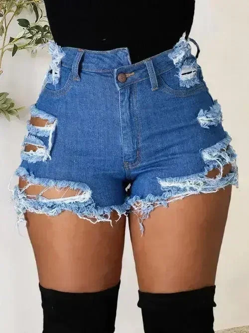 Distressed Raw Hem Denim Shorts with Pockets - Femstylo
