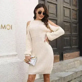 Lantern Sleeve Woolen Skirt Female Waist Trimming Loose Knitted Dress - Femstylo
