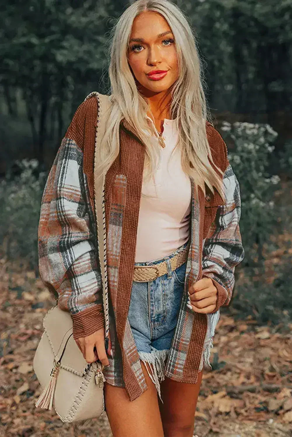 Cinnamon Plaid Corduroy Patchwork Chest Pocket Shacket - Femstylo