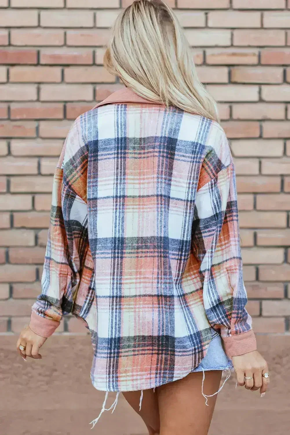 Cinnamon Plaid Corduroy Patchwork Chest Pocket Shacket - Femstylo