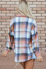 Cinnamon Plaid Corduroy Patchwork Chest Pocket Shacket - Femstylo