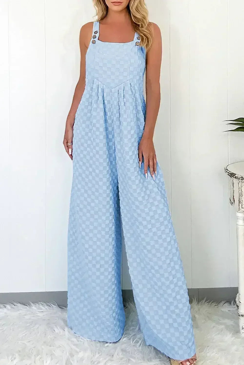 Beige Checkered Pocket High Waist Wide Leg Overall - Femstylo