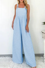 Beige Checkered Pocket High Waist Wide Leg Overall - Femstylo